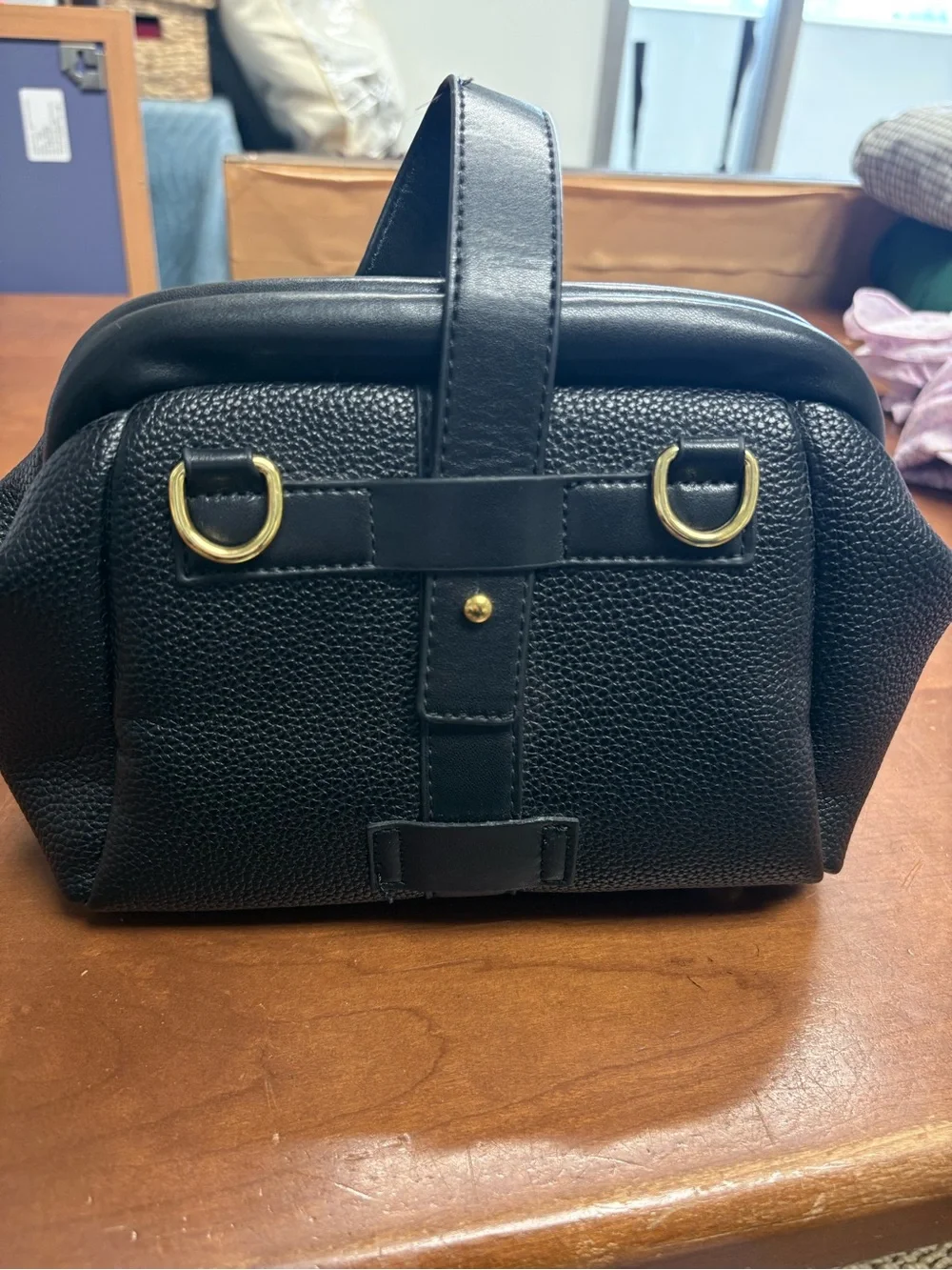 Structured Black Leather Wristlet Clutch/ Purse with Gold-Tone Accent